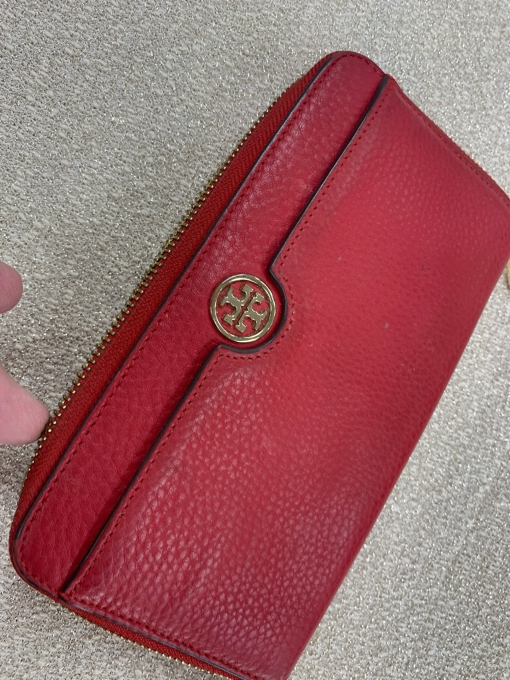 Tory Burch Red Pebbled Leather Zip Wallet with Gold Logo